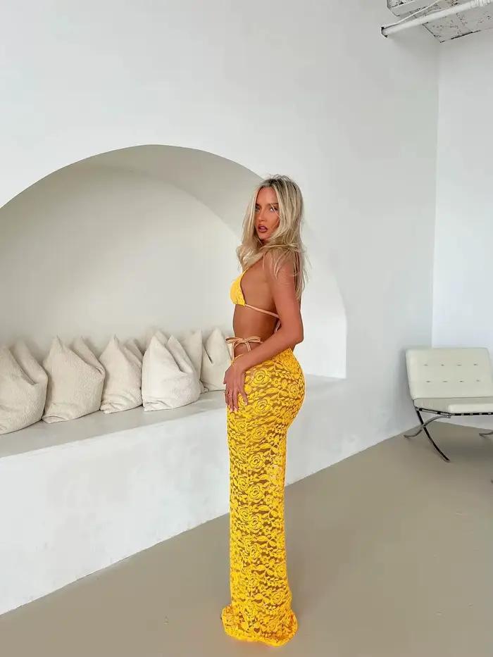Sexy dentelle 3 pièces Bikini avec jupe licou femmes dentelle soutien-gorge maillot de bain maillot de bain maillots de bain vacances décontracté femme