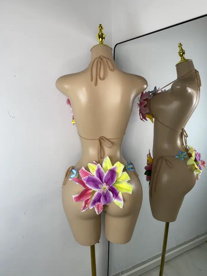 Femmes Sexy Tropical à la main fleur à la mode Bikini deux pièces Transparent Floral maillot de bain tenue de plage danseur Performance Costume