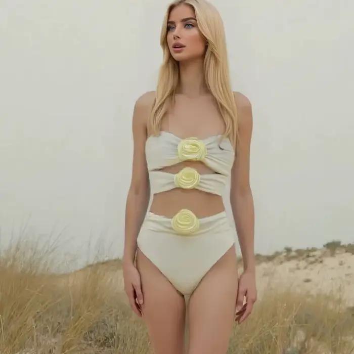 DEBAIOR Sexy Bikini 3D fleur Bandeau découpé Monokini femmes une pièce maillots de bain coupe haute maillot