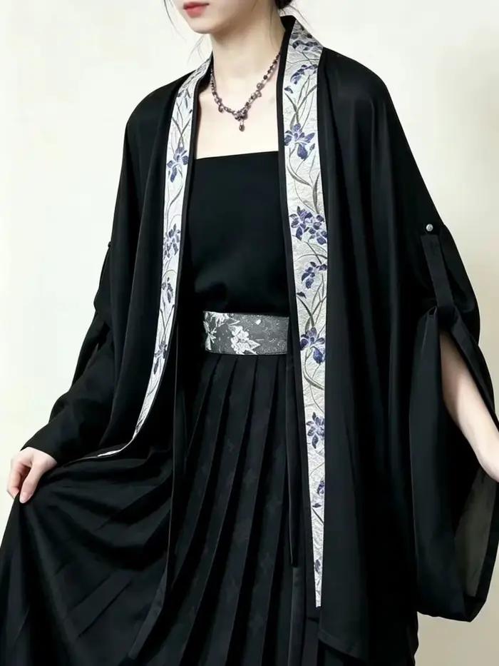 Ensemble Hanfu d'été style Song surdimensionné 8XL pour femme, col kimono, cardigan noir et violet, Hanfu ancien, ensemble 3 pièces, grande taille 8XL
