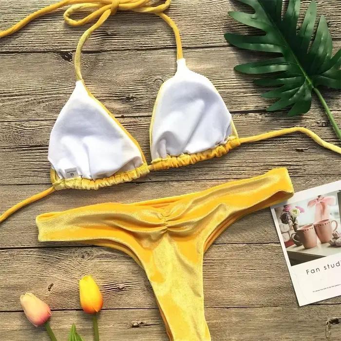 Bikini vintage velours pour femme, ensemble 2 pièces avec lacets, maillot de bain dos nu à col licou, pour plage, mariage et vacances