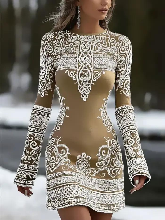 Robe courte moulante à col rond et manches longues pour femme, élégante et amincissante