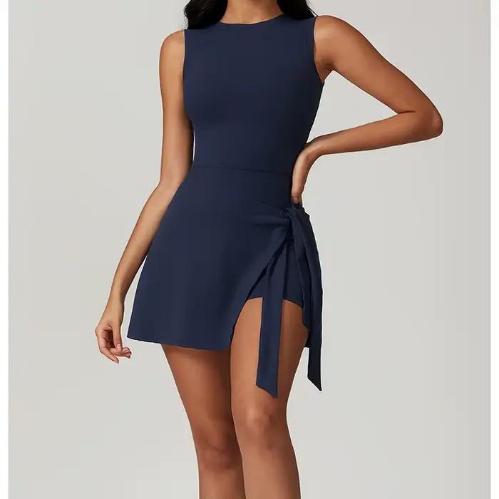 Faux deux pièces robe de bain femmes sans manches ventre contrôle côté pansement une pièce maillot