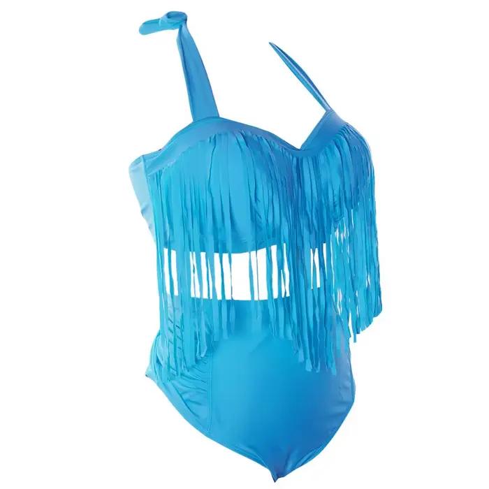 Bikini à Franges Sexy en Élasthanne et Polyester pour Femmes - Couleurs Unies - Grande Taille - Occasions de Plage et Spéciales