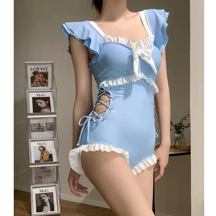 Maillot de bain une pièce bleu clair à volants avec nœud sur le devant et laçage latéral coupe modeste pour la plage et les vacances à la piscine occasion spéciale pour femmes