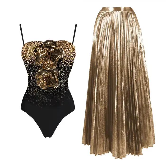 Maillot de bain une pièce brillant doré et jupe pour femmes