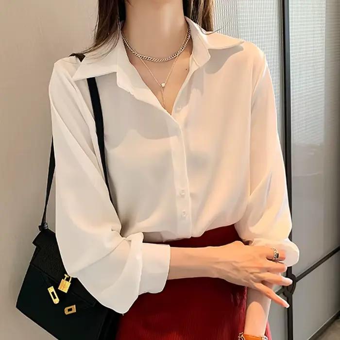 Chemises grande taille printemps été mode femme à manches longues ample solide Blouse hauts décontracté en mousseline de soie chemise femmes bureau dame chemises