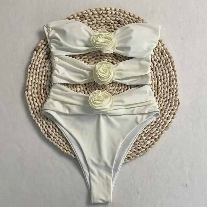 DEBAIOR Sexy Bikini 3D fleur Bandeau découpé Monokini femmes une pièce maillots de bain coupe haute maillot