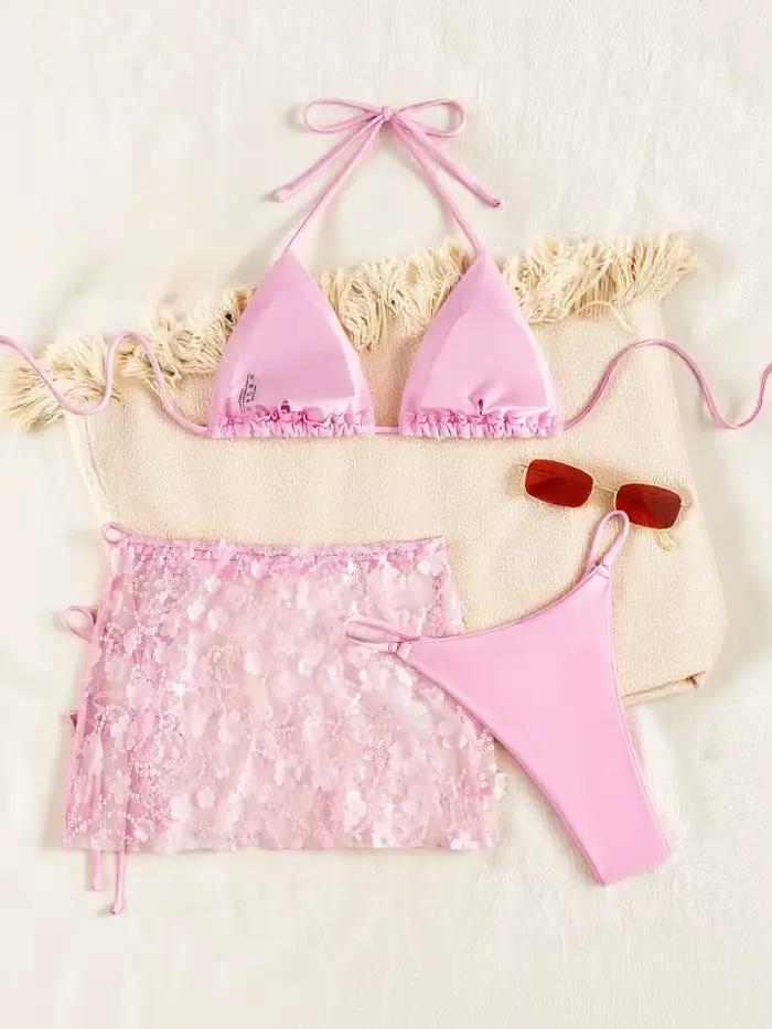 Ensemble bikini 3 pièces en maille rose à paillettes brillantes pour femme