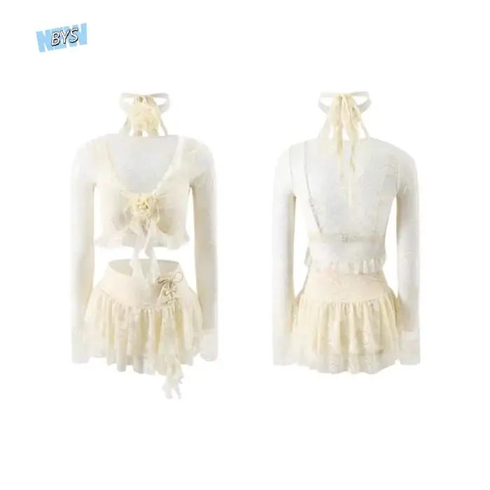 Maillot de bain à volants en dentelle à manches longues
