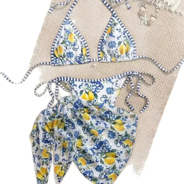 Maillot de bain bikini sexy trois pièces thème citron 2026 pour la plage et les sources chaudes – Polyester et élasthanne de haute qualité