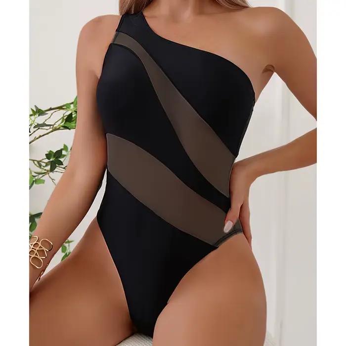 Maillot de bain une épaule patchwork femme sexy voir à travers occassions plage vacances泳形