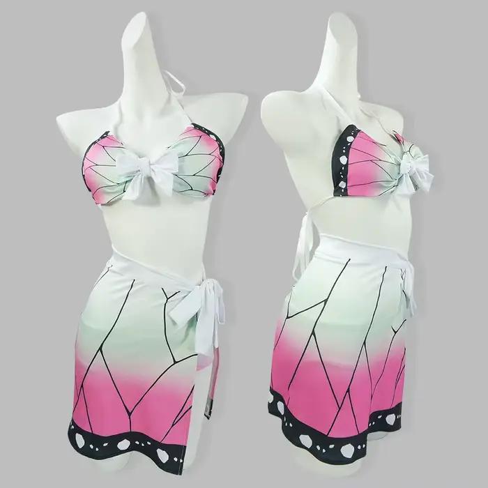 Anime démon Slayer maillot de bain Bikini avec Kimono couvrir femmes Nezuko Shinobu Cosplay Kimetsu No Yaiba maillots de bain Sexy maillot de bain