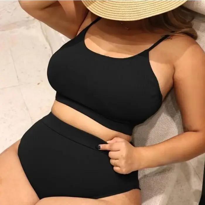 ‌ 2025 nouveau 4XL femmes grande taille Bikini ensemble deux pièces couleur unie maillot de bain pour vacances ventre