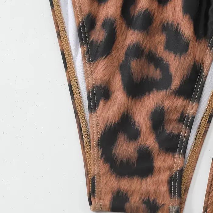 CM.YAYA Women Beach Bikini Set with Cutout Leopard Printed Sexy Long Bodycon Swimsuit Three 2 Piece Set Swimwear Bathing Suit