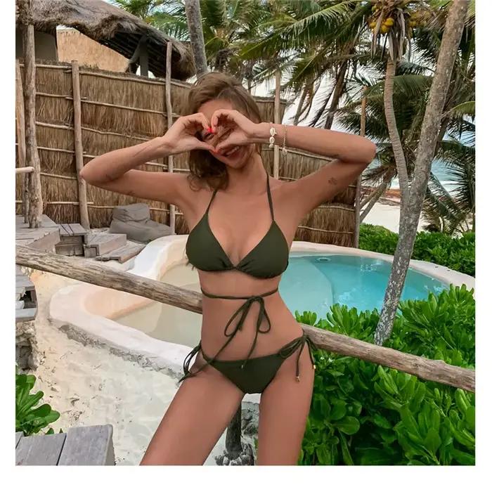 Femmes Sexy entrecroisé Bikini ensemble licou cravate maillot de bain Micro maillots