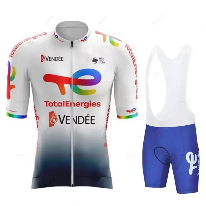 Total Energies-ensembles de maillots de cyclisme pour hommes, manches courtes, équipe professionnelle, vêtements de vélo de route, combinaison à bretelles de vélo vtt respirante, été