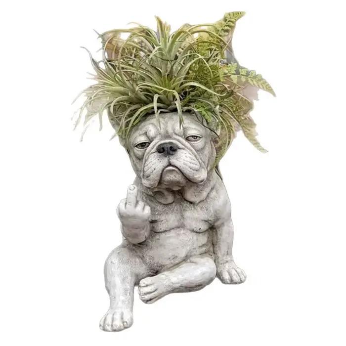 Pot de fleurs en résine en forme de bouledogue français grincheux, support de plantes élégant, ornement décoratif, décoration de jardin extérieur