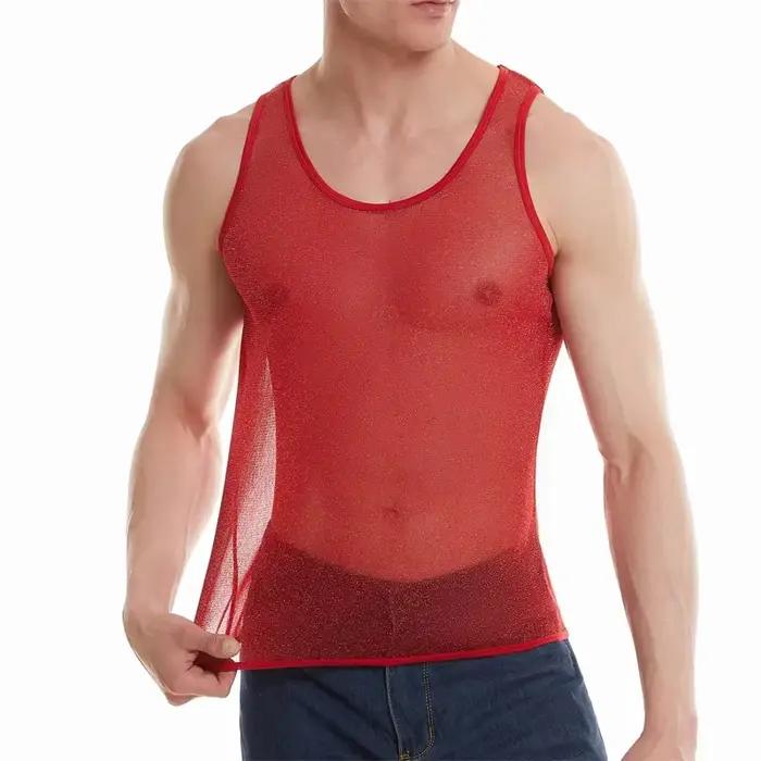 Maillot de corps transparent brillant pour homme, maillot de corps moulant, maillot de sport respirant, maillot de fitness