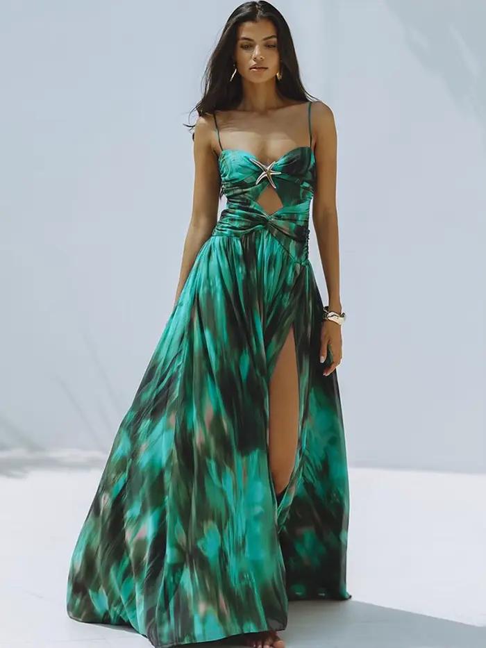 Nouveau Maillot de Bain Une Pièce Imprimé Vert 2026 pour Femme avec Jupe Parapluie Fendue – Tenue de Plage Estivale