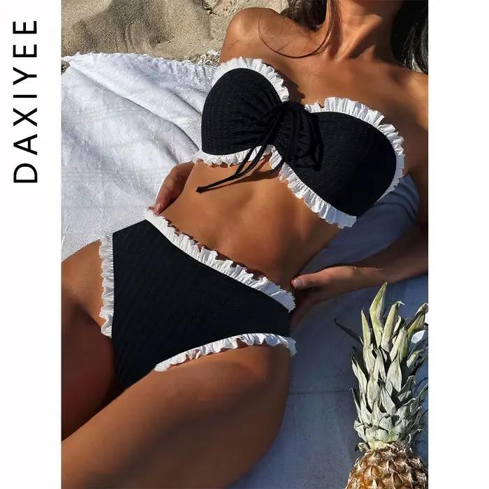 Volant froissé Bandeau Bikini ensemble blanc noir contraste couleur femmes maillots de bain femme maillot