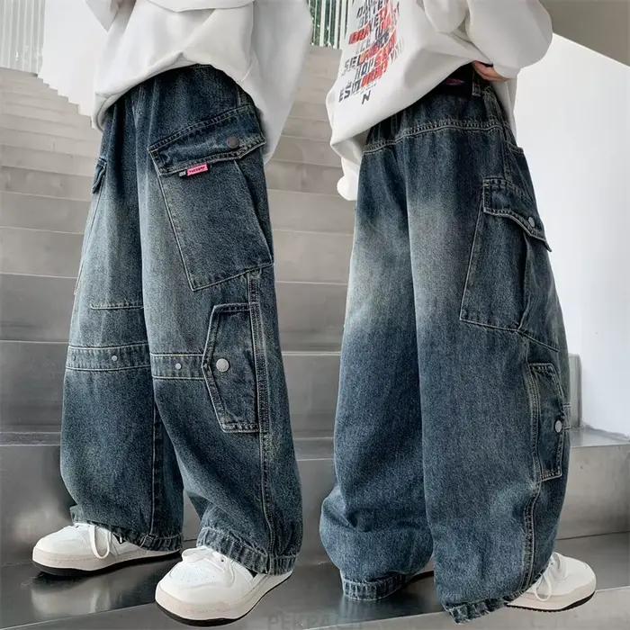 Jean Cargo incurvé avec poche pour enfants de 5 à 14 ans, nouvelle mode, Design de luxe, pour adolescents, Baggy décontracté, pantalon en Denim de charpentier