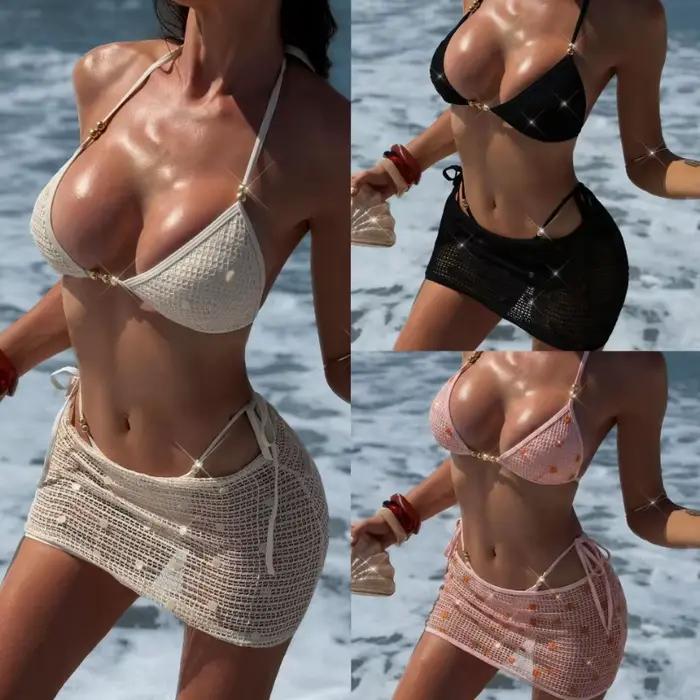 Ensemble bikini trois pièces en maille à sequins avec jupe