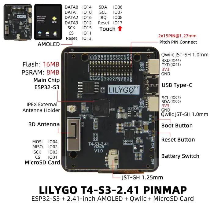 Carte de développement T4-S3, écran tactile AMOLED de 2.4 pouces, écran rvb, microprocesseur double cœur LX7 ESP32-S3 WIFI Bluetooth