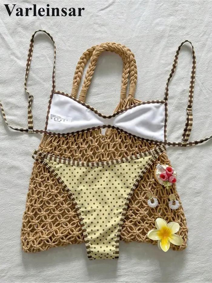 Maillot de bain deux pièces à pois pour femme, style de plage, polyester et élasthanne, ajustement parfait, col triangulaire, pour vacances, fêtes à la piscine, sports nautiques, occasions spéciales