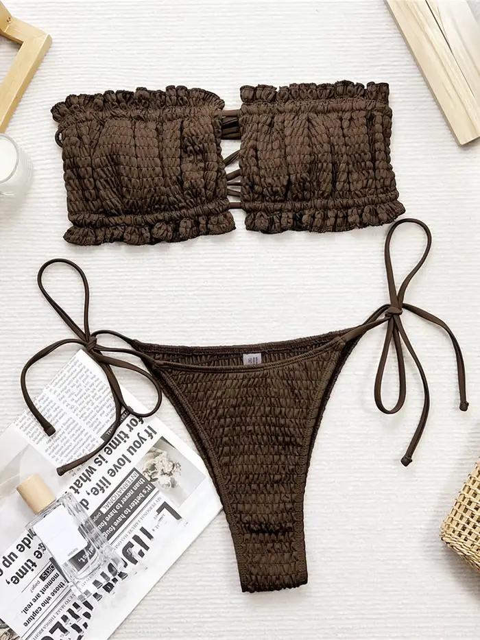 Bikini plissé froncé à coupe haute pour femme