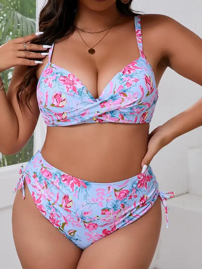 Maillot de bain deux pièces pour femmes, bikini taille haute à motif floral, tenue de plage estivale, ajustement parfait, facile à entretenir, idéal pour les vacances et les journées de plage