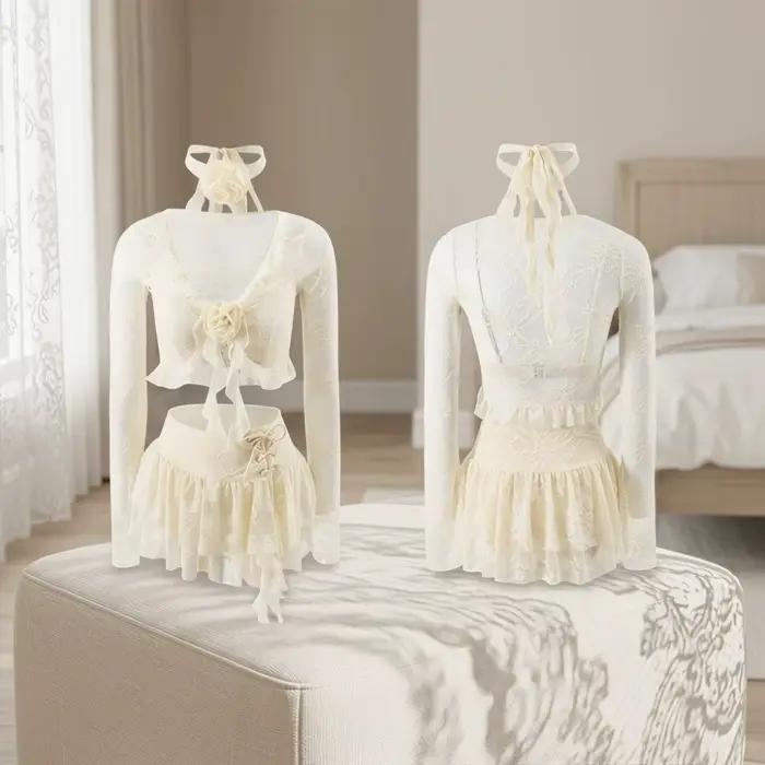 Maillot de bain à volants en dentelle à manches longues
