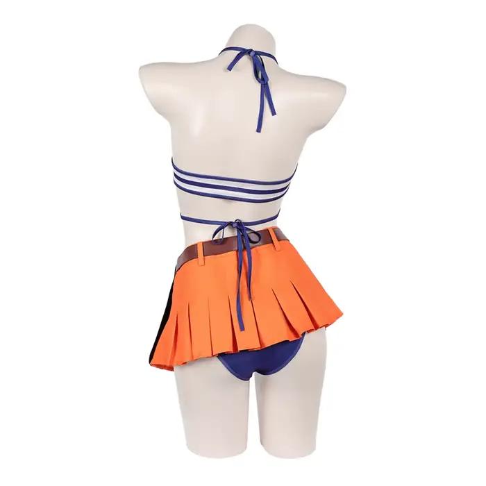 Costume de cosplay Nami, haut de bikini rose, maillot de bain rayé, short, jupe, ceinture, tenue de pirate, déguisement pour Halloween, carnaval, fête