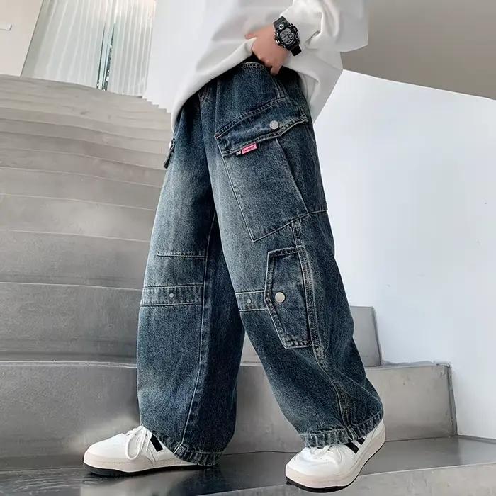 Jean Cargo incurvé avec poche pour enfants de 5 à 14 ans, nouvelle mode, Design de luxe, pour adolescents, Baggy décontracté, pantalon en Denim de charpentier