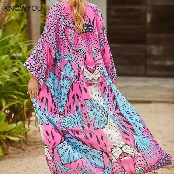 Beach Cover Ups Sexy imprimé léopard maillot de bain Cape femmes Long paréo auto ceinturé robes portefeuille vacances
