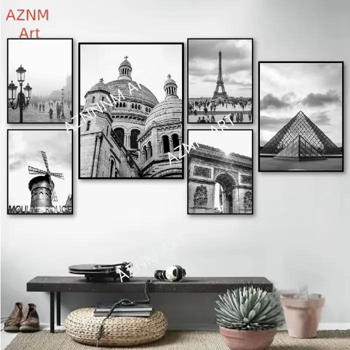 Affiche de photographie de paysage urbain de Paris, France, images murales en noir et blanc, peinture sur toile, décoration murale pour la maison