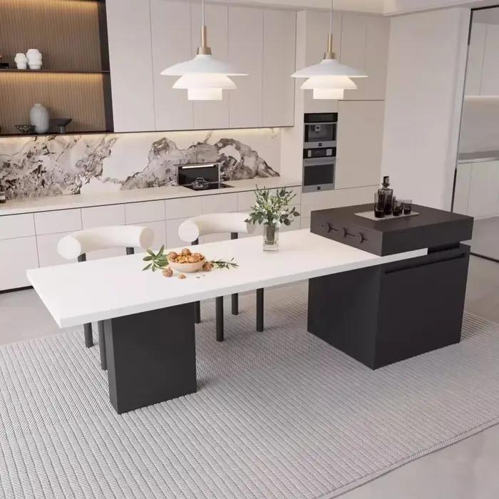 Chariot d'îlot de cuisine avec table à manger extensible pour 4 à 6 personnes, îlot de cuisine roulant avec plateau en ardoise, barre d'îlot de cuisine de rangement