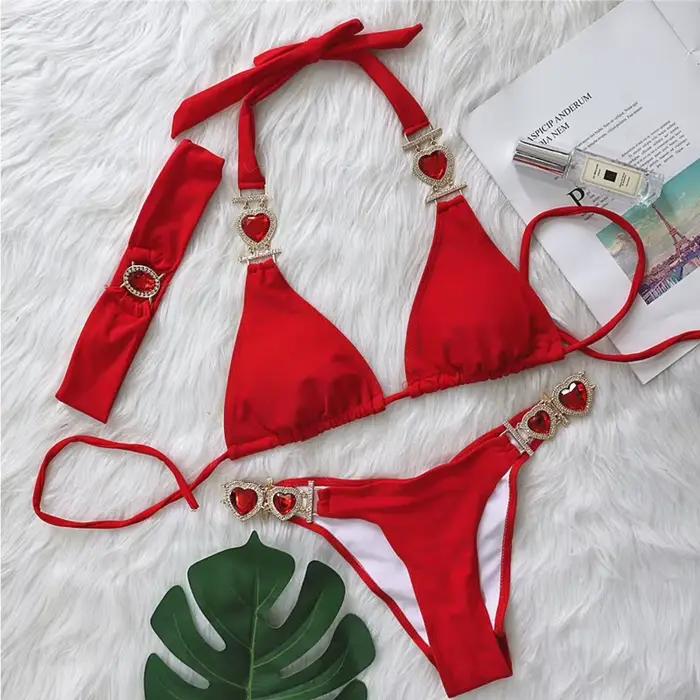 Rose Sexy Bikinis maillot de bain avec coeur strass femmes maillots
