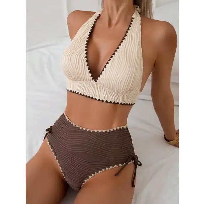 Bikini Taille Haute Femmes Maillots de Bain Plage Vacances Piscine Fête Style de Plage Col Triangulaire Nylon Élasthanne