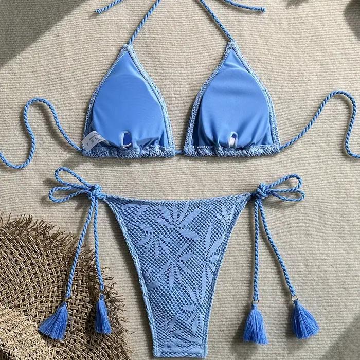 Ensemble bikini tressé couleur unie pour femme