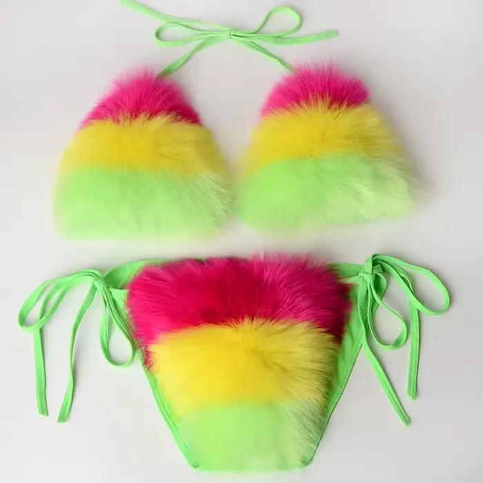 Arc-en-ciel rayé femmes en peluche fourrure Bikinis ensemble maillot de bain sport fausse