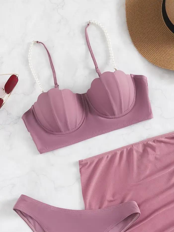 Ensemble de maillot de bain 3 pièces pour femme, style de plage, polyester élasthanne, cou de corde, coquille St Jean, push-up, soutien-gorge sans armature, bikini solide, animal de compagnie, été 2025, nouveau