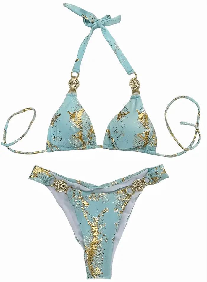 Maillot de bain féminin imprimé peau de serpent col licou diamant strass ensemble bikini taille basse coupe haute polyester occassions plage vacances piscine spa sources chaudes sports nautiques