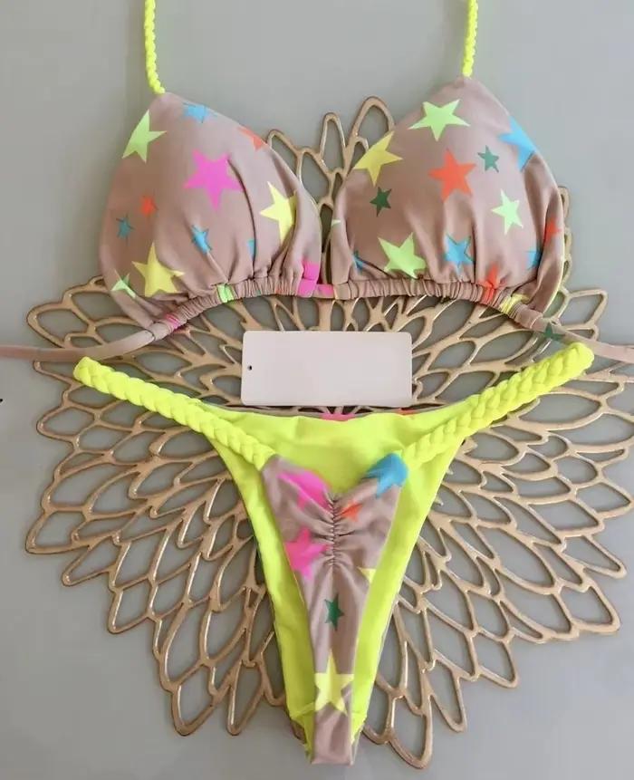 Nouveau Bikini femme maillot de bain imprimé fendu mode string plage vacances