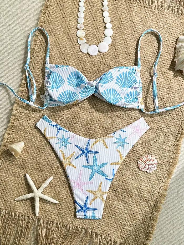 Sexy blanc étoile de mer imprimé Micro Bikini 2026 femmes plissé croix Push Up soutien-gorge string maillots de bain