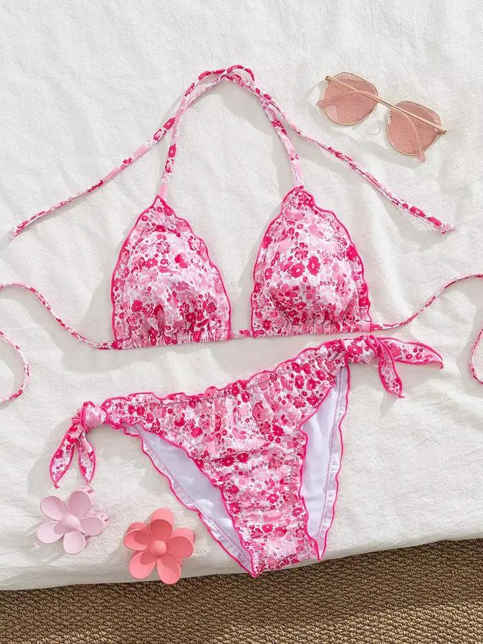 Ensemble bikini floral orange pour femme, dos nu et volants, push-up, bikini haute taille, idéal pour la plage et les occasions spéciales