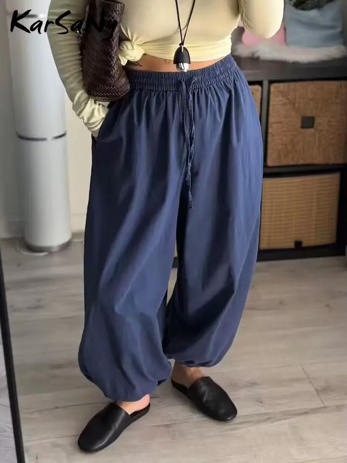 Pantalon large beige pour femme, coupe ample, style lanterne, taille élastique, décontracté, oversize, en coton, pour l'été et l'automne
