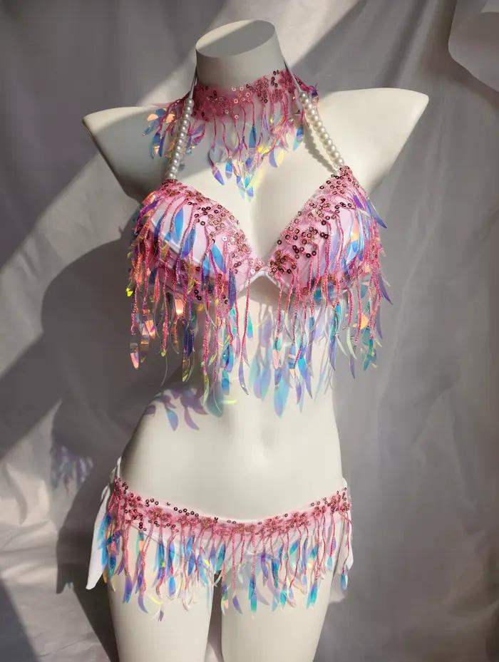 Bikini de performance sirène de luxe original fait main avec paillettes