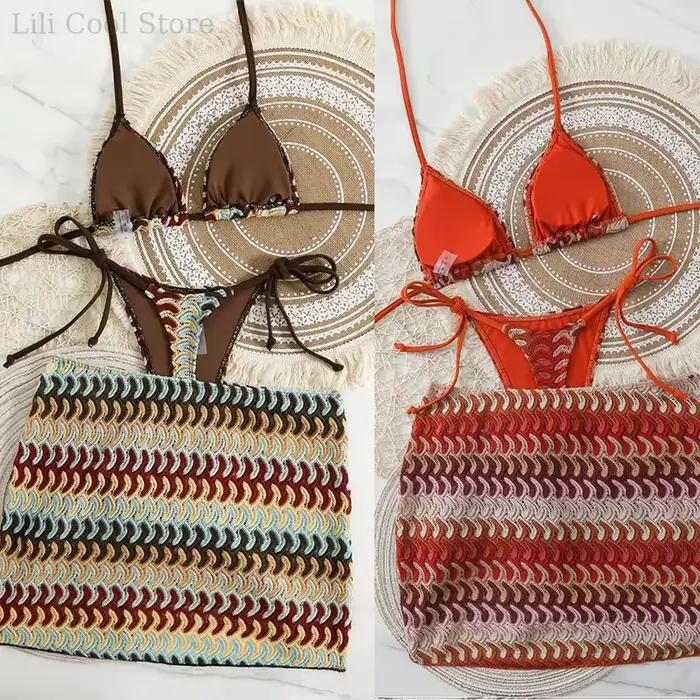 2026 Ensemble de bikini bohème sexy pour femme, maillot de bain imprimé trois pièces avec paréo et taille haute