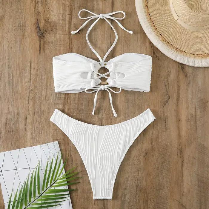 Maillot de bain blanc pour femmes, ensemble deux pièces, culotte tanga, sexy, vêtements de plage, 2024